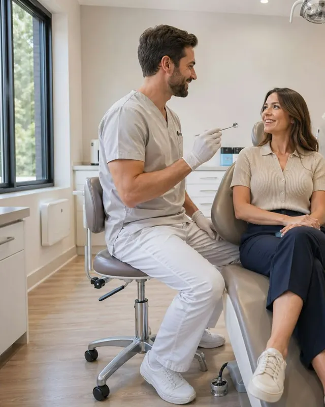 A dentist talking with a patient in a bright clinic